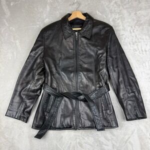 Vintage DC Collection Leather Short Trench Jacket Womens L Black Belted Preppy